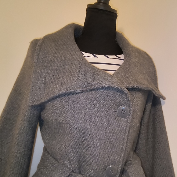 H&M Blazer Jacket Wool-Blend Asymmetric Belted PeaCoat in Charcoal Size 6 - Picture 11 of 14